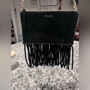 Henri Bendel Black Fringe Crossbody Bag Gold Chain Strap Double Zip